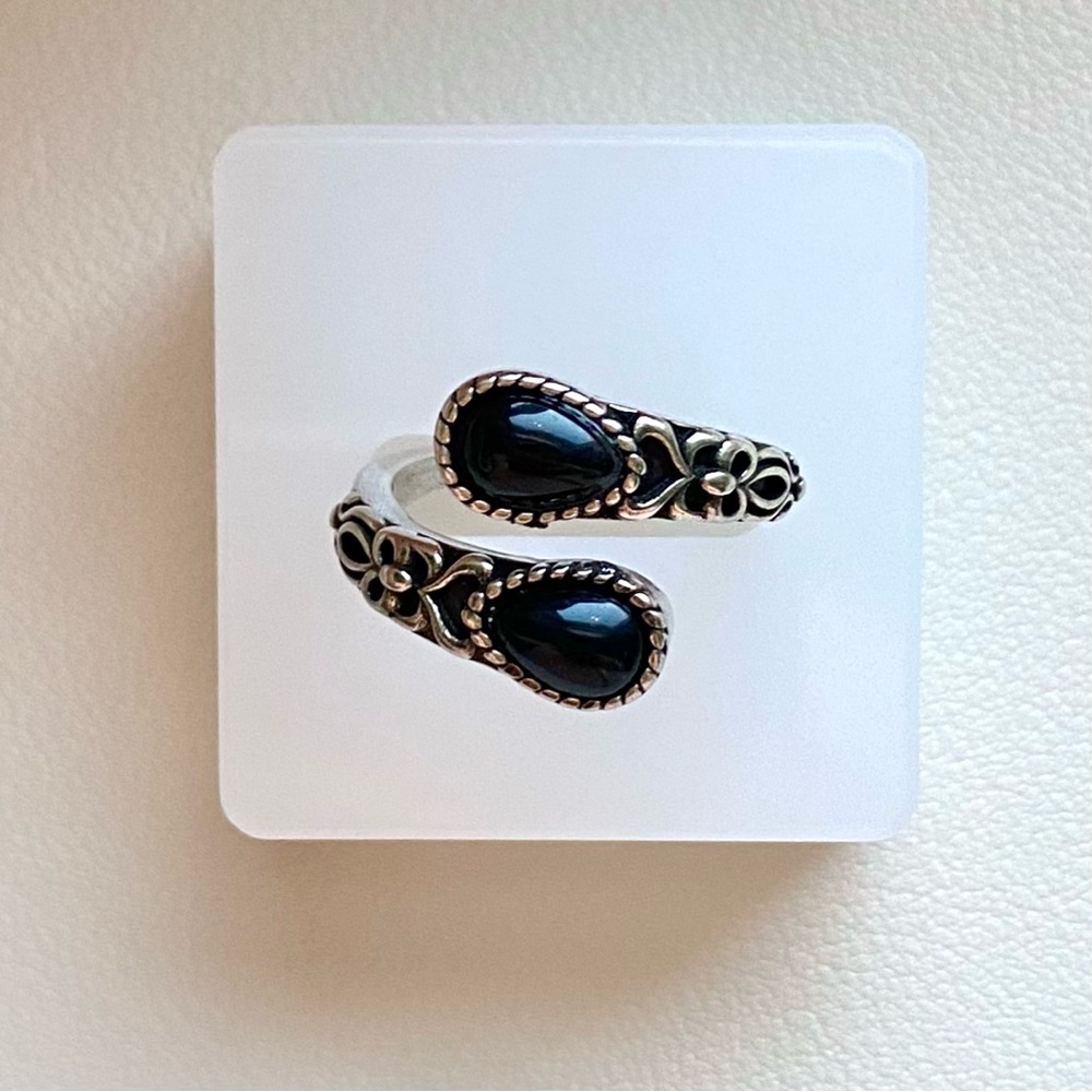 Silver Black Onyx Floral Wrap Ring